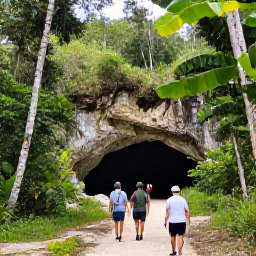 Caribbean Holidays, Bahamas Adventure Holidays, Visitors walking through Lucayan National Park beside a cave entrance and lush Bahamian forest