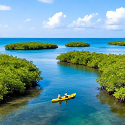 Caribbean Holidays, Bahamas Adventure, Kayakers paddling through calm mangrove channels in the Bahamas, surrounded by green islands and brilliant blue water