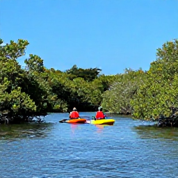 Caribbean Holidays, Bahamas Adventure, Kayakers paddling through mangroves surrounded by calm blue water and lush vegetation in The Bahamas