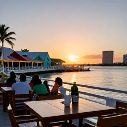 Caribbean Holidays, Bahamas Adventure, Outdoor caf&eacute; overlooking a calm Bahamian harbour at sunset, with local food, colourful buildings and visitors enjoying the evening