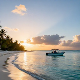 Caribbean Holidays, Bahamas Adventure, Small motorboat approaching a secluded Bahamian beach at sunset, with calm turquoise water and palm trees