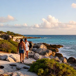 Caribbean Holidays, Bahamas Adventure, Travellers hiking along a rocky Bahamian coastline with low scrub, blue sea and warm afternoon light