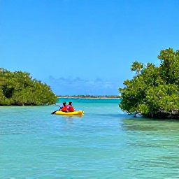 Caribbean Holidays, Bahamas Adventure, Travellers kayaking through calm turquoise water beside mangroves in the Bahamas, with a sunny tropical coastline in the distance