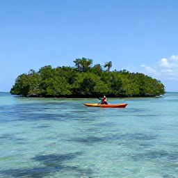 Caribbean Holidays, Bahamas Adventure, Travellers kayaking through clear shallow water beside a mangrove island in the Bahamas, with sunlight reflecting on the sea