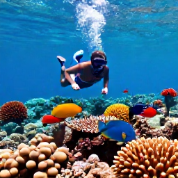 Caribbean Holidays, Bahamas Adventure, Travellers snorkelling above a vibrant coral reef with tropical fish in clear Bahamian water