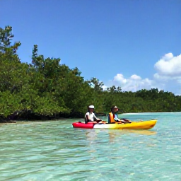 Caribbean Holidays, Bahamas Adventure, Visitors kayaking through clear shallow water beside mangroves in The Bahamas under a bright summer sky