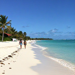 Caribbean Holidays, Bahamas Adventure, Visitors walking along a quiet white-sand beach beside turquoise water in the Bahamas, with palm trees and a clear March sky