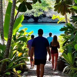 Caribbean Holidays, Bahamas Adventure, Visitors walking through lush Bahamian woodland towards a blue lagoon, with native plants and bright tropical light