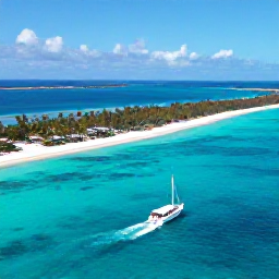 Caribbean Holidays, Bahamas Adventures, Aerial view of turquoise Bahamian waters, white sand beaches and a small adventure boat near the islands
