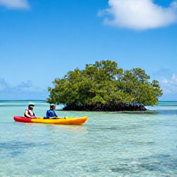 Caribbean Holidays, Bahamas Adventures, Visitors kayaking through clear shallow water beside a mangrove island in The Bahamas