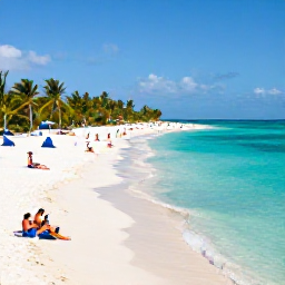 Caribbean Holidays, Bahamas All Inclusive, A bright turquoise beach at an all-inclusive resort in the Bahamas, with white sand, palm trees and guests relaxing by the sea