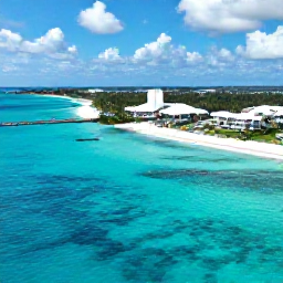 Caribbean Holidays, Bahamas All Inclusive, Aerial view of a turquoise Bahamian lagoon, white sandy beach and a relaxed all-inclusive resort beneath a bright blue sky
