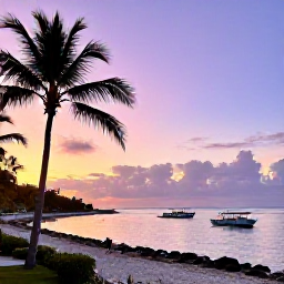 Caribbean Holidays, Bahamas All Inclusive, Colourful Bahamian waterfront at sunset with palm trees, local boats and visitors enjoying a relaxed evening