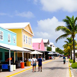 Caribbean Holidays, Bahamas All Inclusive, Colourful Nassau street scene in the Bahamas with pastel buildings, a local market, palm trees and visitors exploring the town