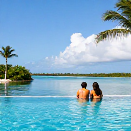 Caribbean Holidays, Bahamas All Inclusive, Couple relaxing beside an infinity pool overlooking a calm Bahamian lagoon, with palm trees and bright blue skies