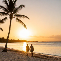 Caribbean Holidays, Bahamas All Inclusive, Couple walking along a peaceful Bahamian beach at sunset, with palm silhouettes, calm sea and warm golden light