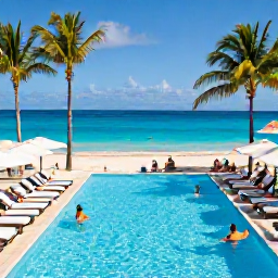 Caribbean Holidays, Bahamas All Inclusive, Guests relaxing around a tropical Bahamian resort pool beside a palm-lined beach with bright turquoise sea