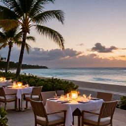 Caribbean Holidays, Bahamas All Inclusive May, A relaxed evening dinner on a beachfront terrace in The Bahamas, with tables, soft lights, palm trees and a calm sunset over the sea