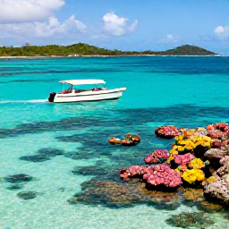 Caribbean Holidays, Bahamas All Inclusive May, A small boat cruising over crystal-clear Bahamian water near colourful coral reefs, with green islands in the distance and snorkellers enjoying the sea