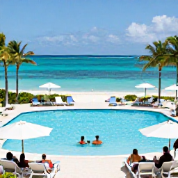 Caribbean Holidays, Bahamas All Inclusive May, Guests relaxing beside a large resort pool overlooking a Caribbean beach in The Bahamas, with sun loungers, palm trees and clear blue water