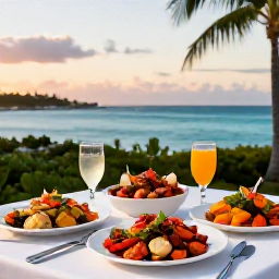 Caribbean Holidays, Bahamas All Inclusive, Outdoor table serving fresh Bahamian seafood and colourful tropical dishes overlooking the sea at sunset