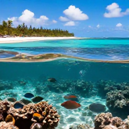 Caribbean Holidays, Bahamas All Inclusive, Snorkellers viewing colourful tropical fish above a coral reef in clear Bahamian water near a sandy island