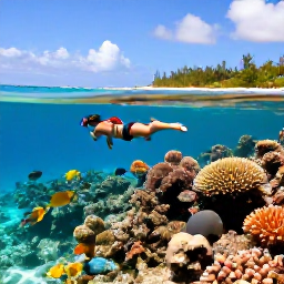 Caribbean Holidays, Bahamas All Inclusive, Visitors snorkelling over a colourful coral reef in clear Bahamian water, with tropical fish and a sunny coastline in the background