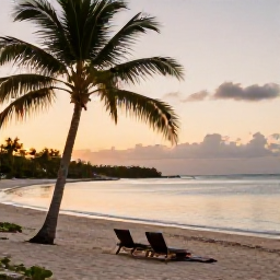 Caribbean Holidays, Bahamas April Tours, Relaxed beach picnic at sunset on a quiet Bahamian island, soft golden light, palm trees and calm sea