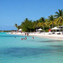 Caribbean Holidays, Bahamas August Break, Clear turquoise water and sandy beach near Nassau with visitors swimming and relaxing under palm trees