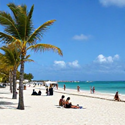 Caribbean Holidays, Bahamas August Holidays, Relaxed August afternoon on a Bahamian beach with turquoise water, palm trees and visitors enjoying island life