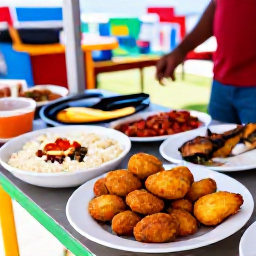 Caribbean Holidays, Bahamas August Holidays, Traditional Bahamian food stall serving conch fritters, grilled fish, peas and rice at an outdoor island festival