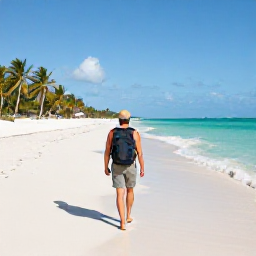 Caribbean Holidays, Bahamas Backpacking, A backpacker walking along a quiet white-sand beach in the Bahamas in November, with turquoise water, palm trees and a small backpack