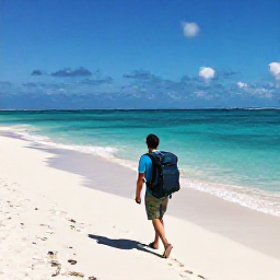 Caribbean Holidays, Bahamas Backpacking, A backpacker with a small rucksack walking along a bright white beach beside turquoise water in the Bahamas
