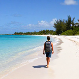 Caribbean Holidays, Bahamas Backpacking, A backpacker with a small rucksack walking beside clear turquoise water and white sand on a quiet Bahamian island