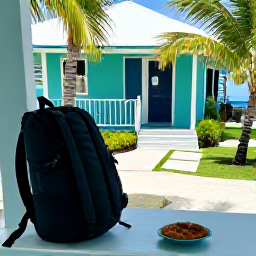 Caribbean Holidays, Bahamas Backpacking, A budget-friendly Bahamian guesthouse, packed rucksack and simple local meal on a shaded veranda