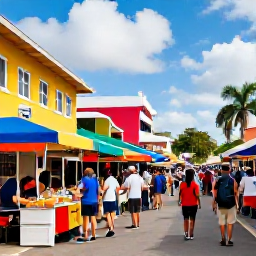Caribbean Holidays, Bahamas Backpacking, A colourful Nassau street market in November, with local food stalls, bright buildings and backpackers exploring the scene