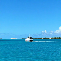 Caribbean Holidays, Bahamas Backpacking, A small ferry travelling between green Bahamian islands under a clear blue sky