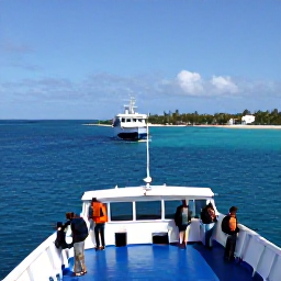 Caribbean Holidays, Bahamas Backpacking, A small passenger ferry approaching a tropical Bahamian island, with backpackers on deck and clear blue sea under a sunny November sky