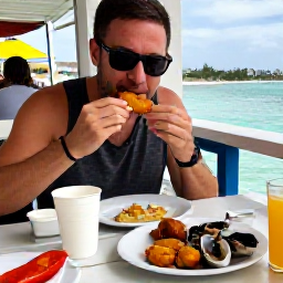 Caribbean Holidays, Bahamas Backpacking, Backpacker eating conch fritters and fresh seafood at a relaxed open-air waterfront stall in The Bahamas