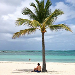 Caribbean Holidays, Bahamas Backpacking, Backpacker relaxing beneath a palm tree on a quiet white-sand beach in the Bahamas after a tropical shower