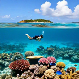 Caribbean Holidays, Bahamas Backpacking, Backpacker snorkelling above a colourful coral reef in clear turquoise Bahamian water, with tropical fish and a small island in the background