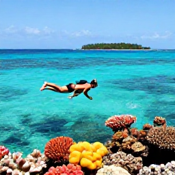 Caribbean Holidays, Bahamas Backpacking, Backpacker snorkelling above a colourful coral reef in clear turquoise water near a Bahamian island