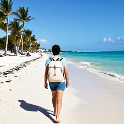 Caribbean Holidays, Bahamas Backpacking, Backpacker walking along a sunny Bahamian beach with a light rucksack, turquoise sea and palm trees