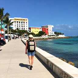 Caribbean Holidays, Bahamas Backpacking, Backpacker walking along a sunny Nassau waterfront with colourful buildings, palm trees and a light travel pack