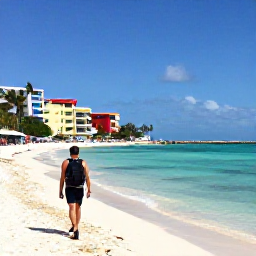 Caribbean Holidays, Bahamas Backpacking, Backpacker walking along a sunny Nassau waterfront with colourful buildings, palms and clear turquoise sea
