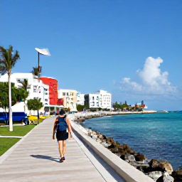 Caribbean Holidays, Bahamas Backpacking, Backpacker walking along a sunny Nassau waterfront with colourful buildings, palms and turquoise Bahamian water