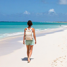 Caribbean Holidays, Bahamas Backpacking, Backpacker walking along a sunny white-sand beach in Nassau, Bahamas, with a light rucksack and turquoise sea