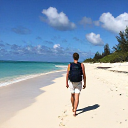 Caribbean Holidays, Bahamas Backpacking, Backpacker with a light rucksack walking along a quiet white-sand beach in The Bahamas beneath a bright September sky