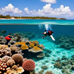 Caribbean Holidays, Bahamas Backpacking, Backpackers snorkelling above a colourful coral reef in clear shallow Bahamian water beneath a sunny sky