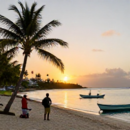 Caribbean Holidays, Bahamas Backpacking, Bahamian fishing village at sunset with small boats, palm trees and a backpacker chatting with local residents
